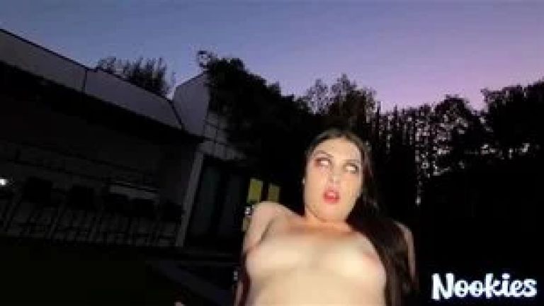 Brunette Daisy Gives Outdoor Blowjob Then Rides Reverse Cowgirl by the Pool on Halloween