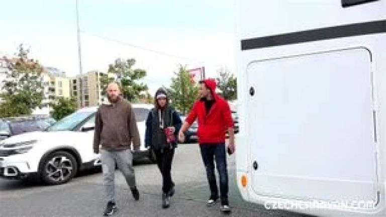 She showed him her wet pussy after a quick shower in the caravan