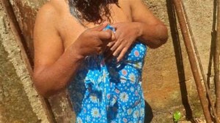 Stepmom Bathing Outdoor in the morning